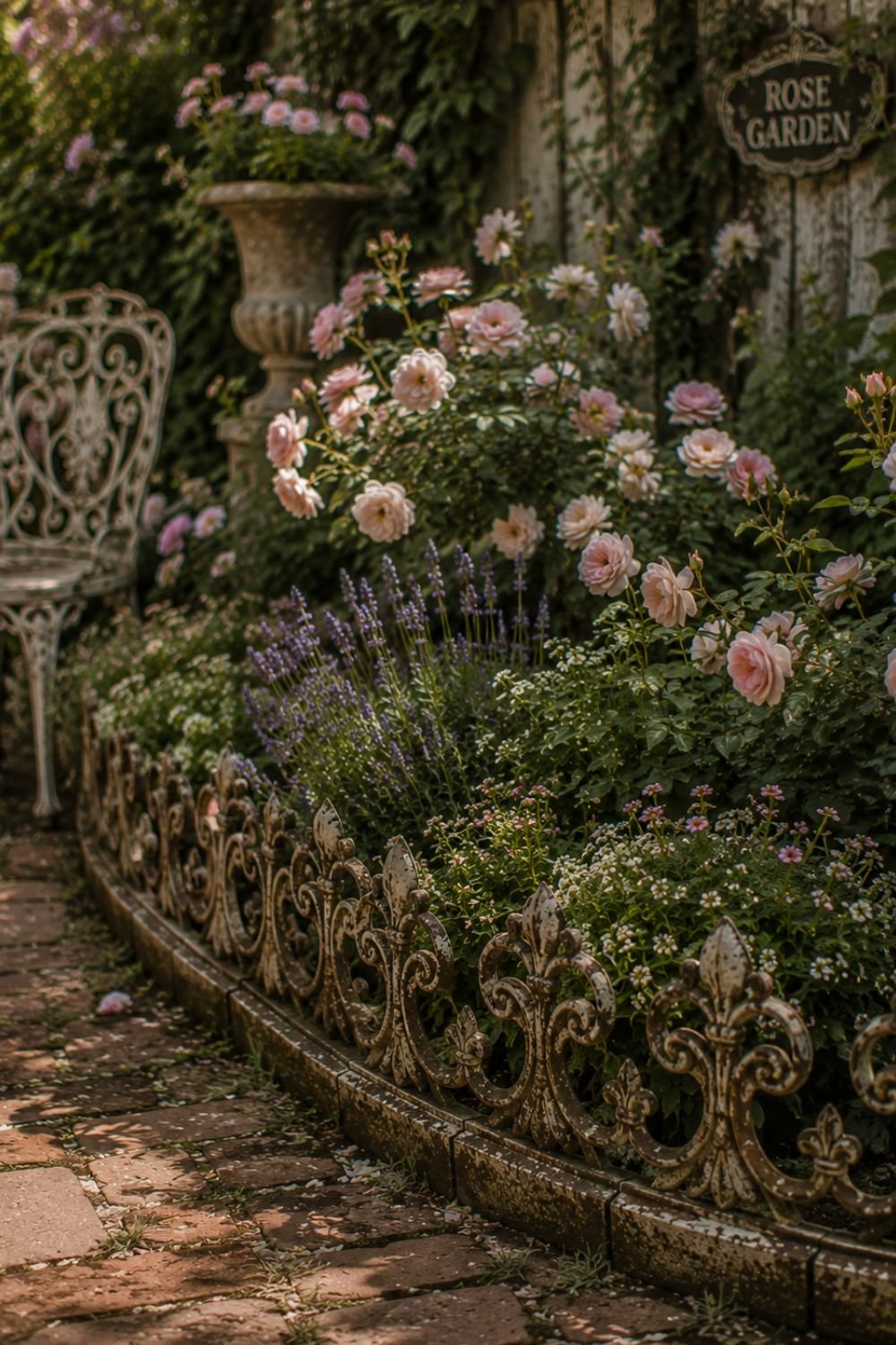 "Stone garden edging creating defined vintage garden border