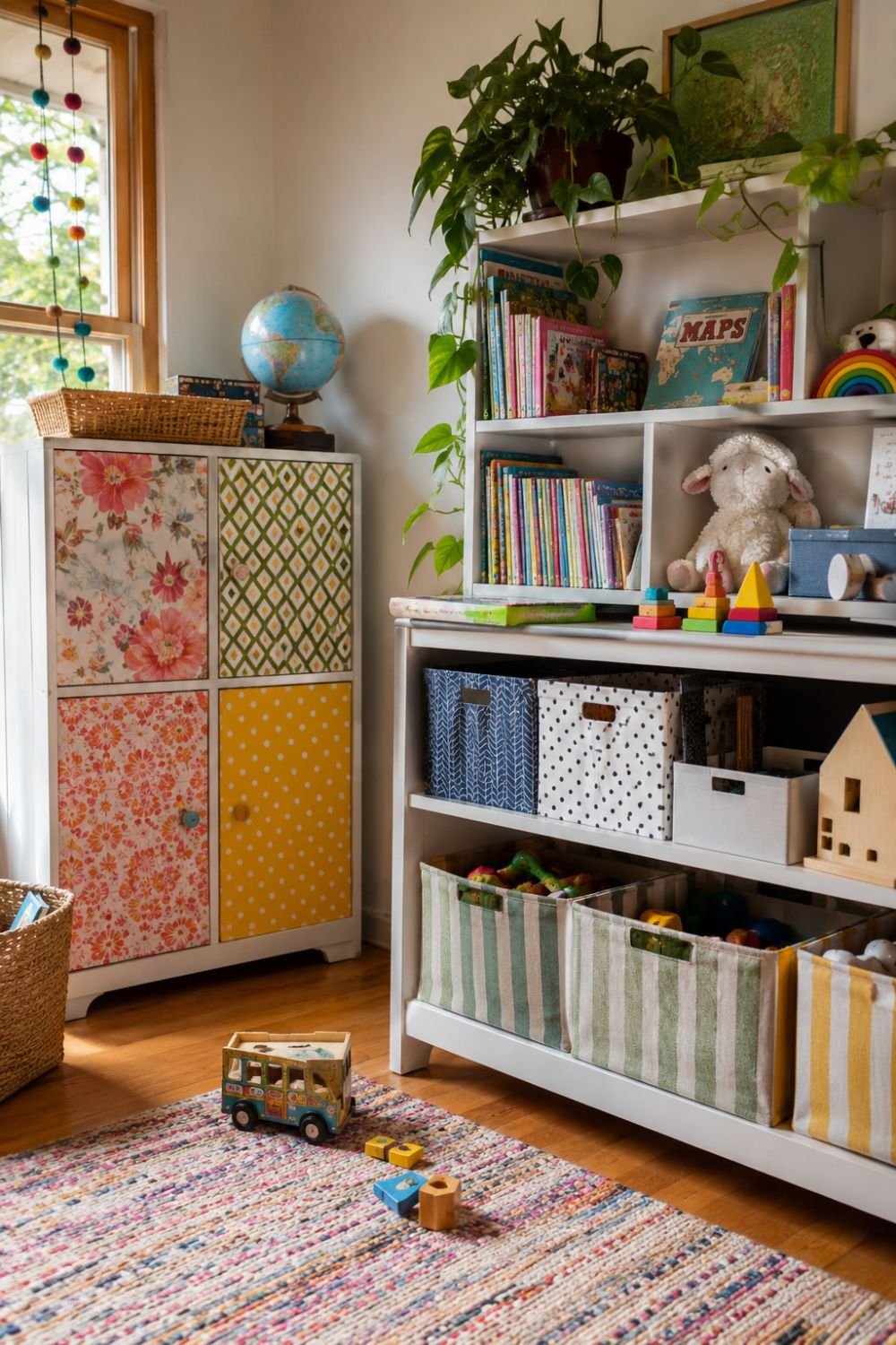 Storage furniture wrapped in colorful patterned wallpaper in playroom