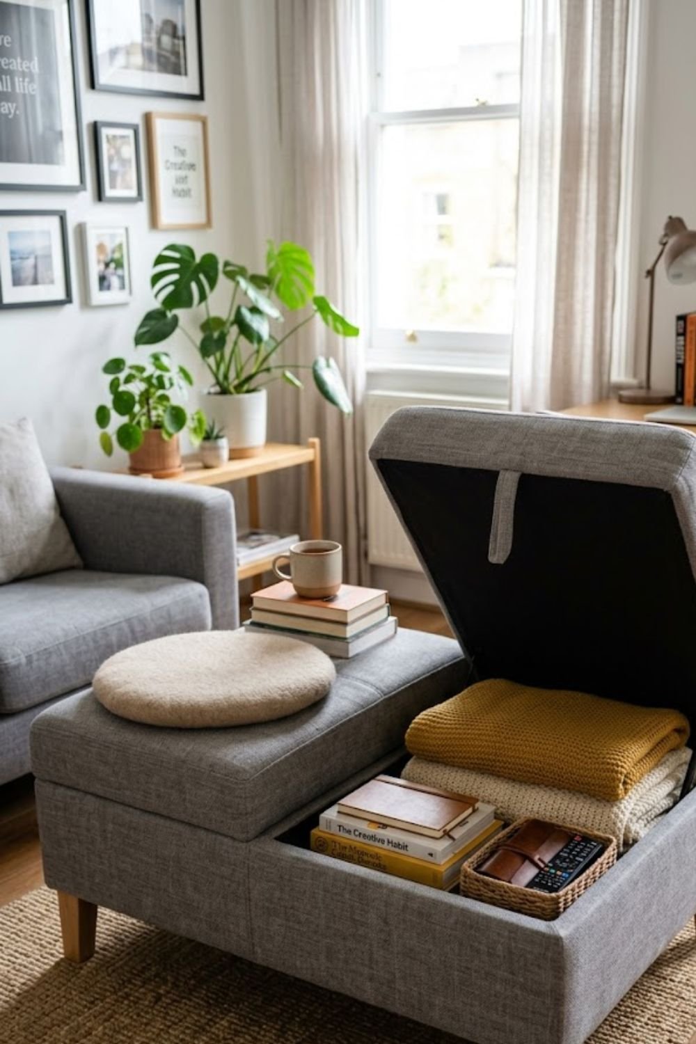 Storage ottoman serving multiple purposes in studio apartment