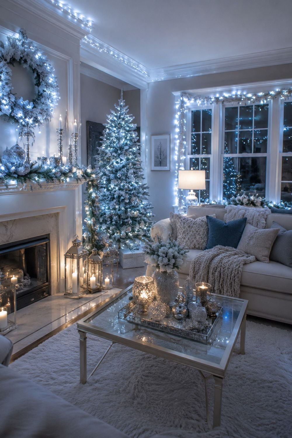 String lights in white and cool tones creating magical icy lighting