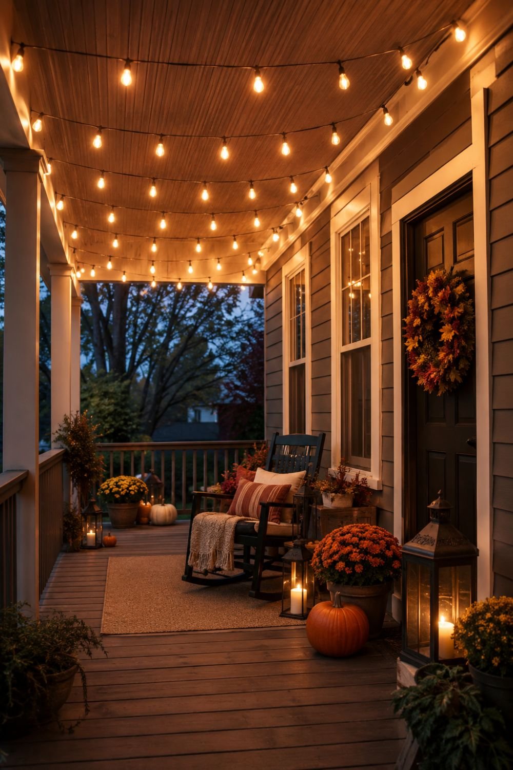 String lights overhead on farmhouse porch creating warm evening glow