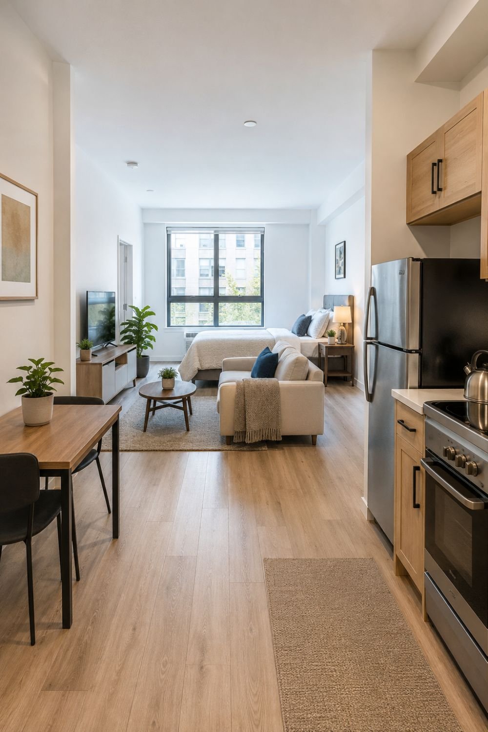 Studio apartment with open flowing layout and clear walking paths