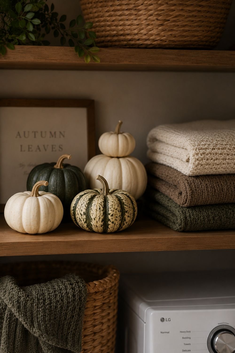 pumpkins and gourds on laundry room shelf
