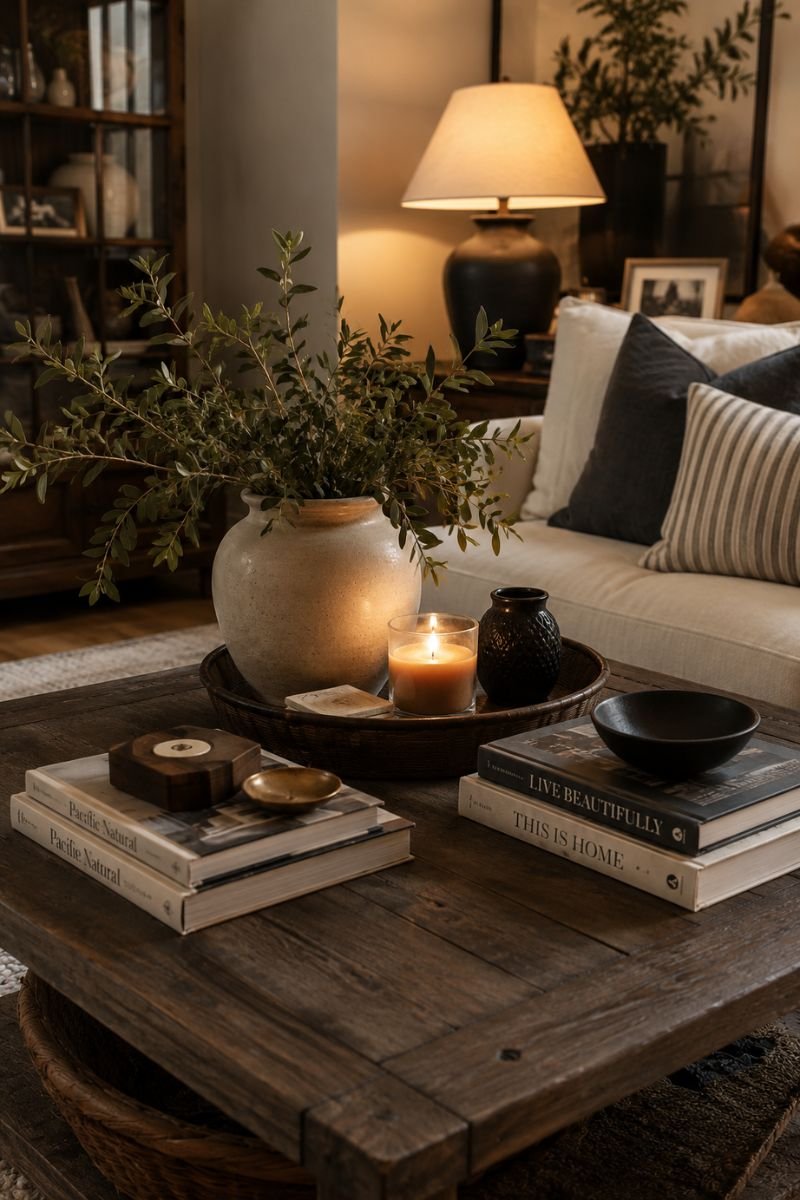 Styled coffee table with books and candles creating cozy focal point