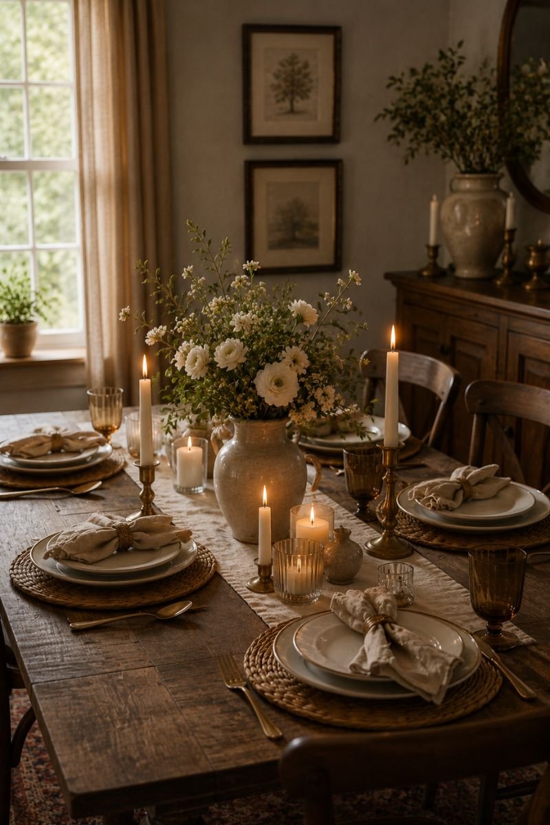 Styled dining table with candles and flowers creating cozy meal moment