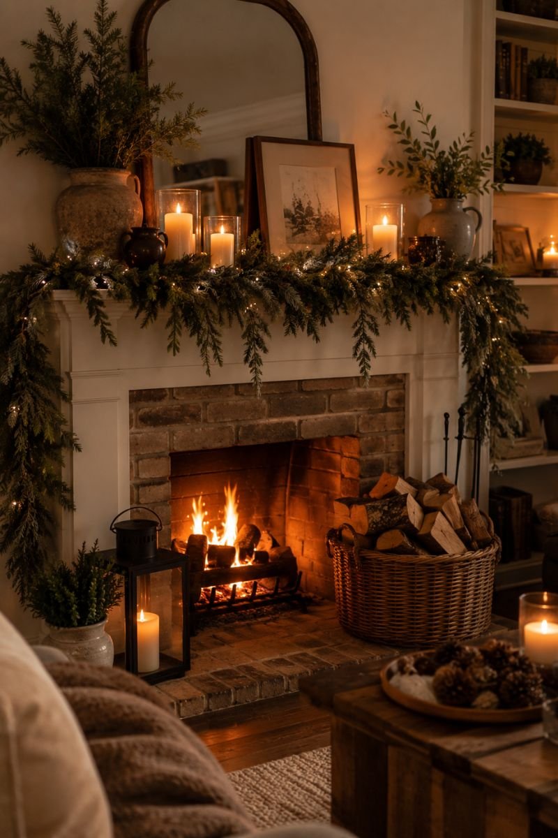 Styled fireplace with basket and candles creating cozy winter focal point