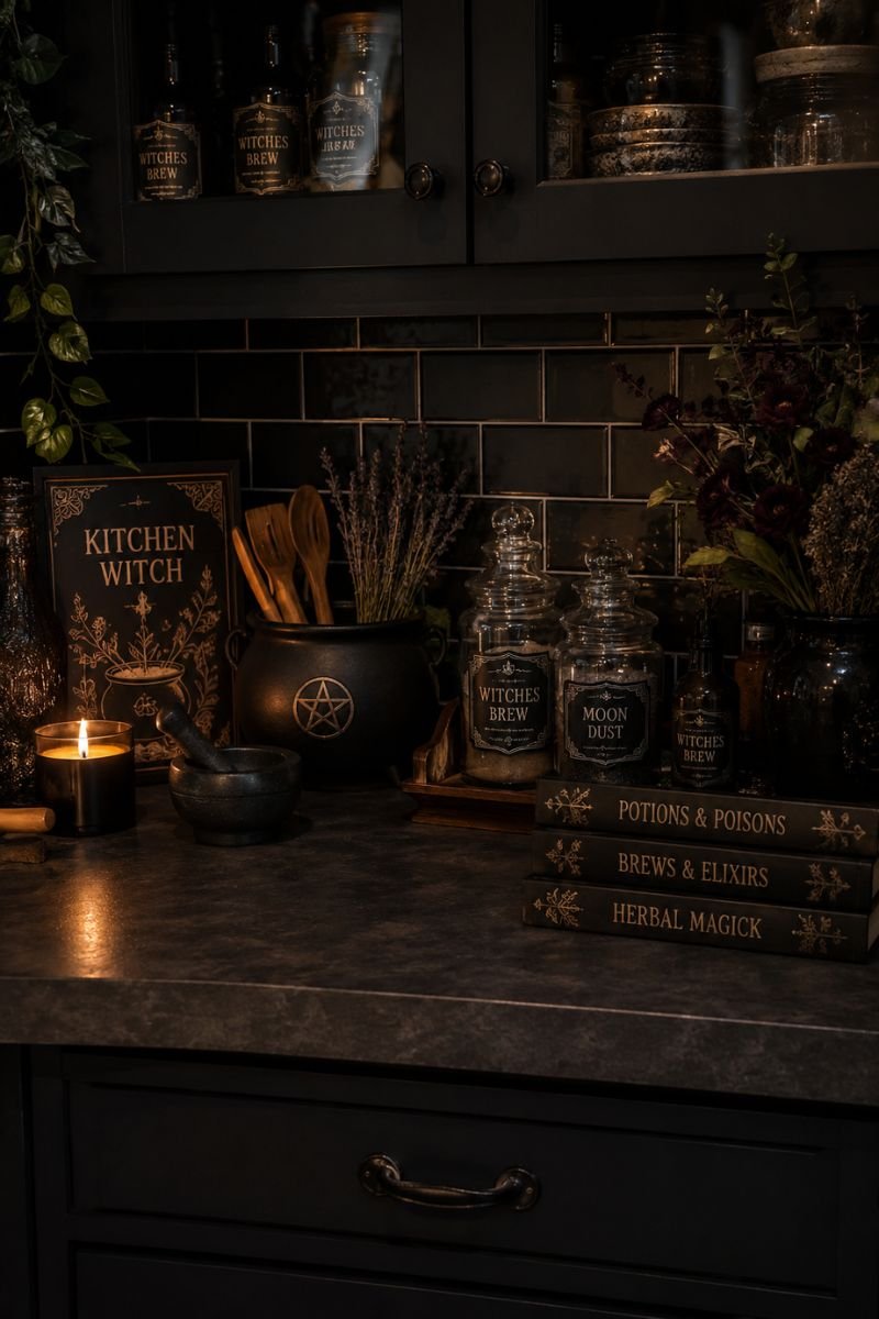 Styled kitchen counter with witchy items creating magical vignette