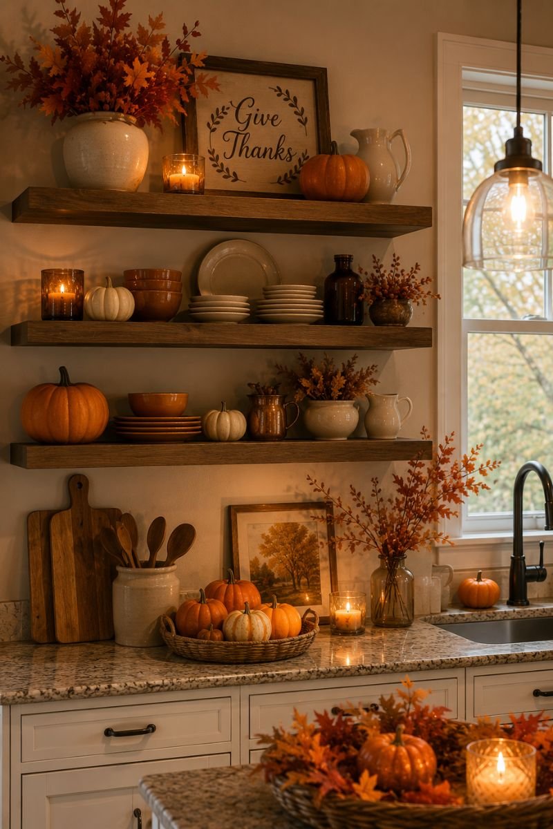 Styled open shelving with fall decor and warm tones