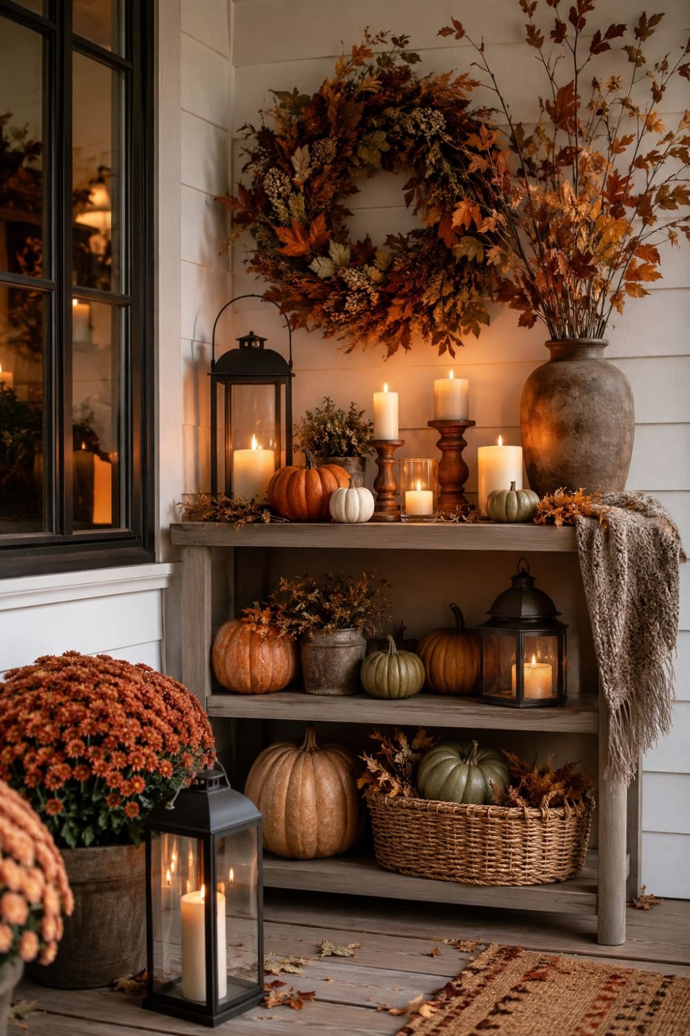 Styled porch shelf with candles wreath and pumpkins creating fall mantel look