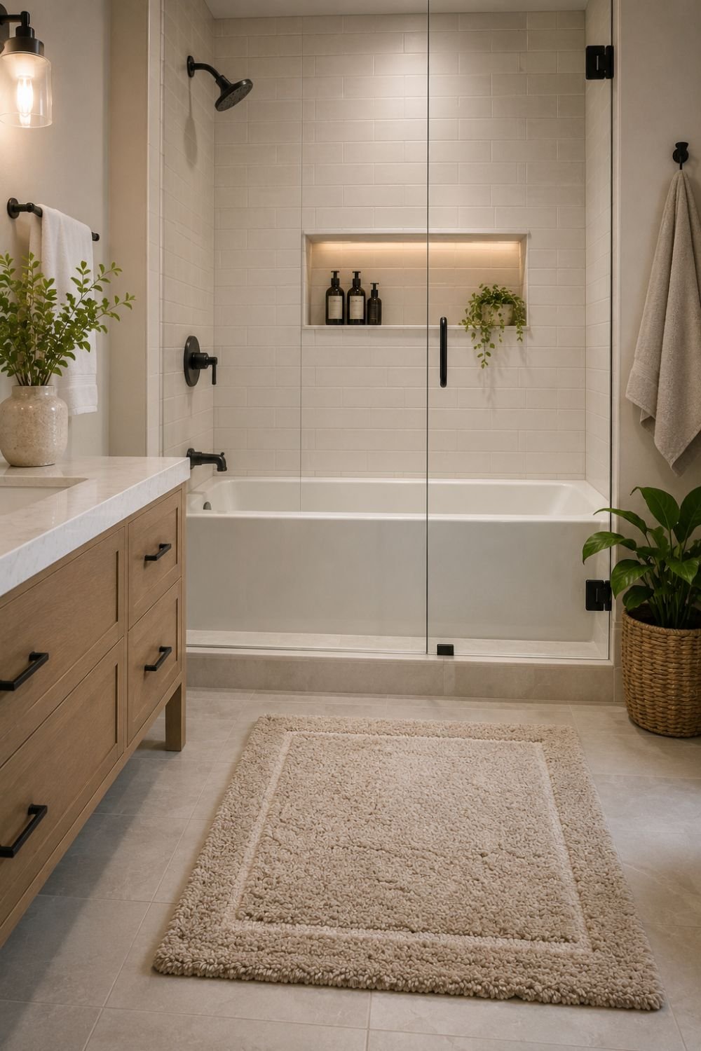 Stylish bath mat creating fresh bathroom detail