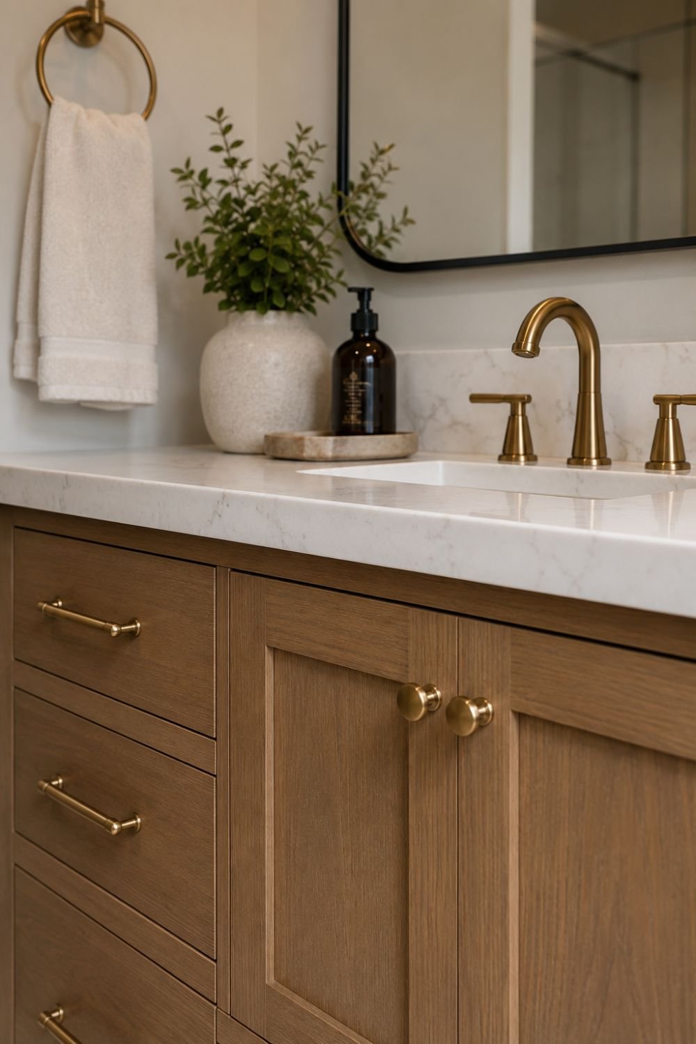 Stylish coordinated hardware creating fresh bathroom design details