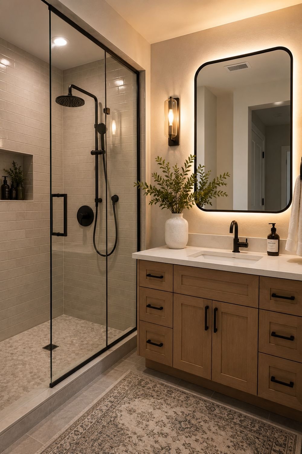 Stylish shower curtain creating fresh bathroom focal point