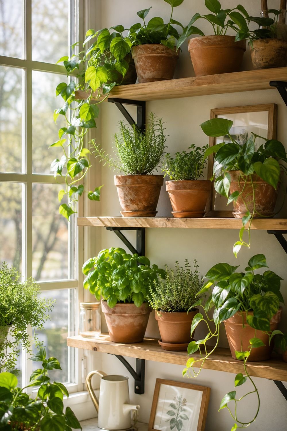 Sunny window shelf filled with healthy indoor plants and natural light.