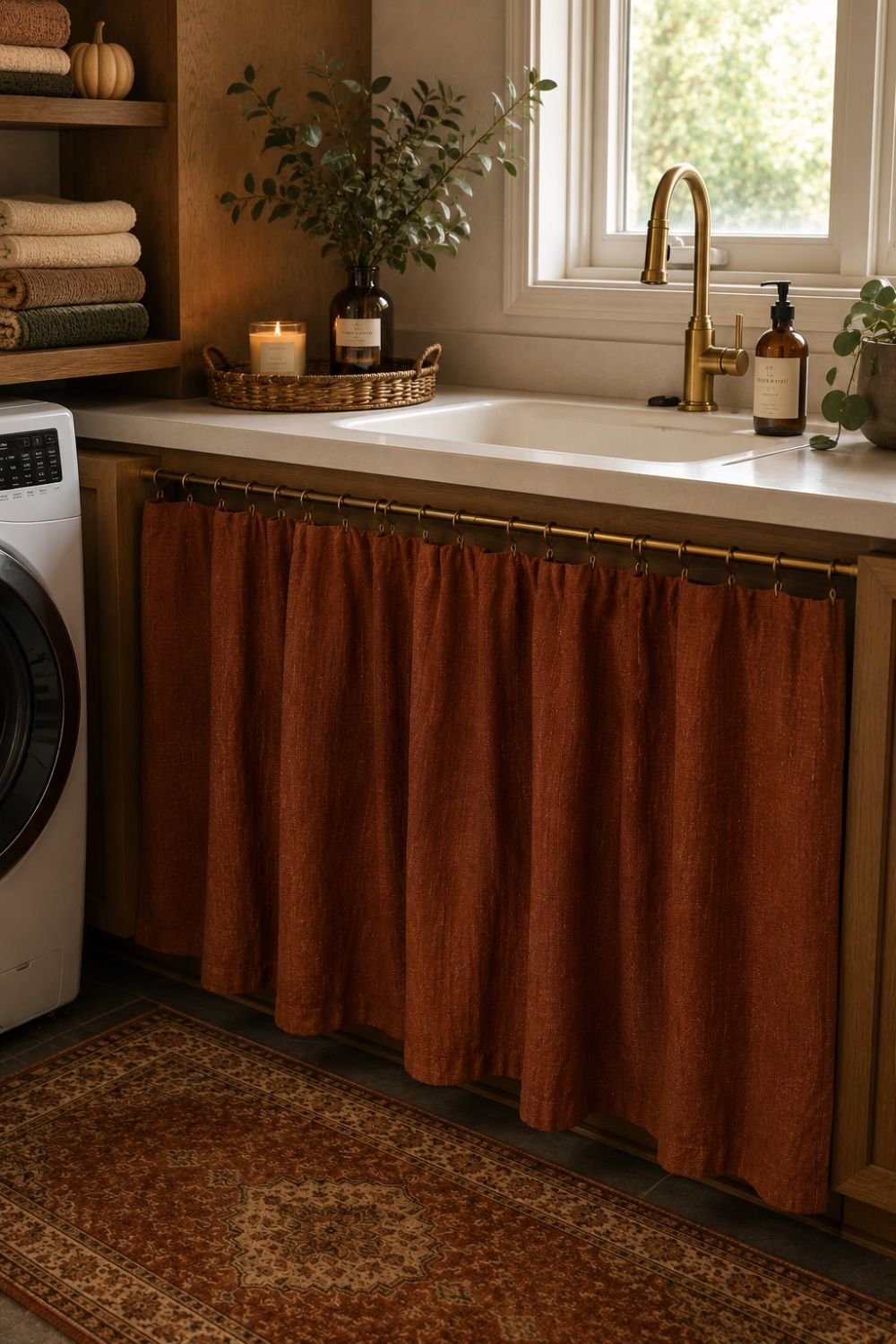 rust linen curtain under laundry room sink