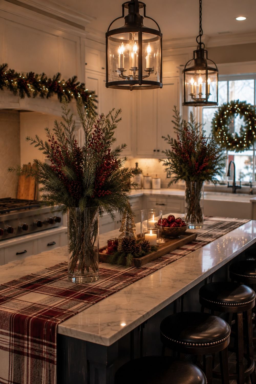 Tall vases with evergreen branches on Christmas kitchen island