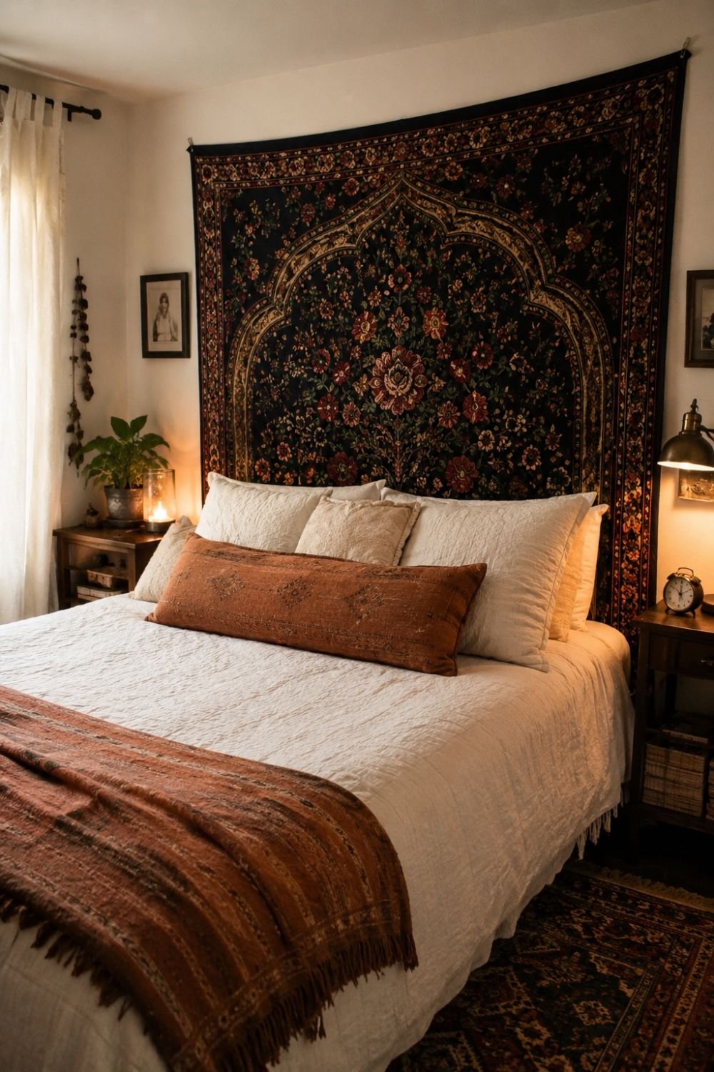 Tapestry creating temporary headboard in apartment bedroom