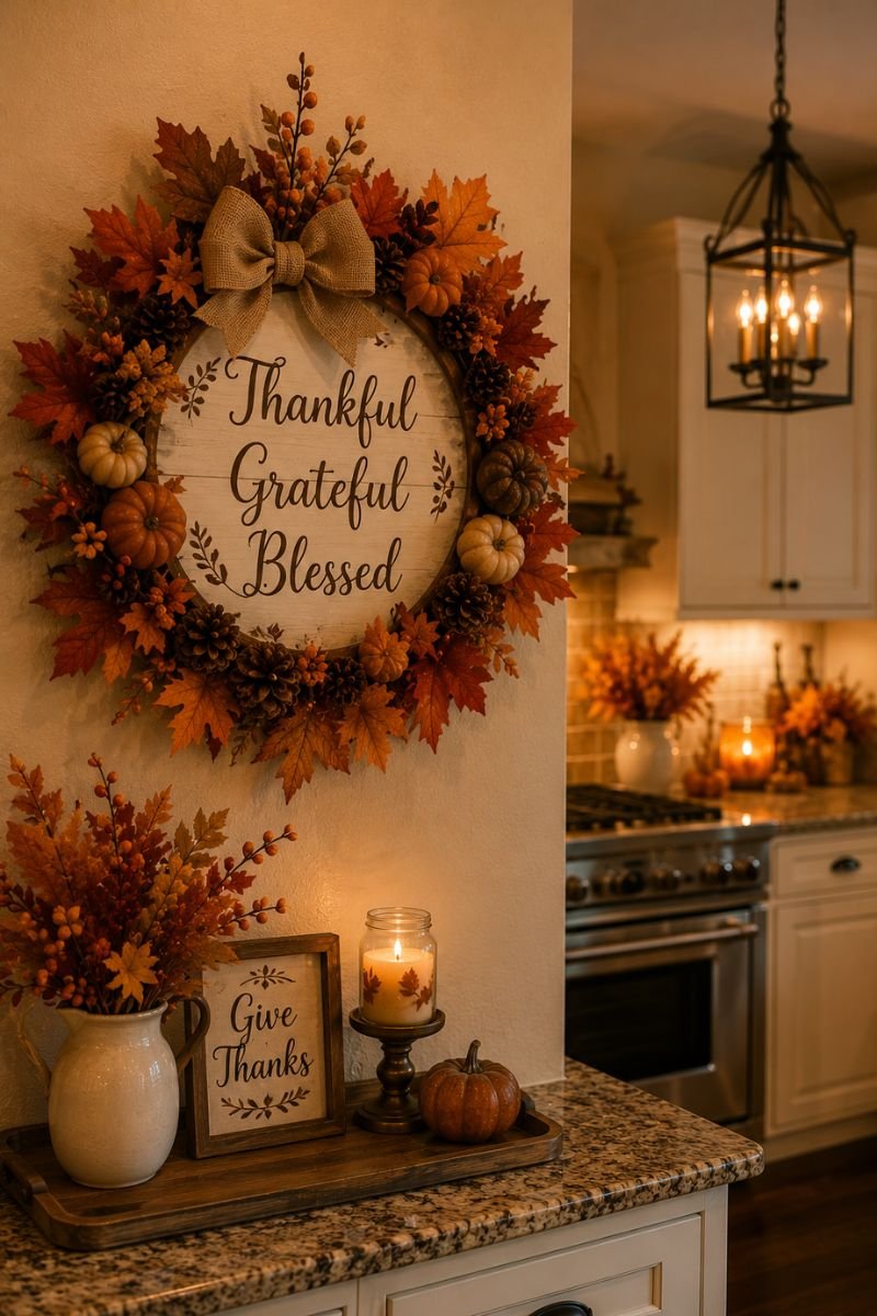 Thanksgiving wreath on kitchen door creating festive welcome