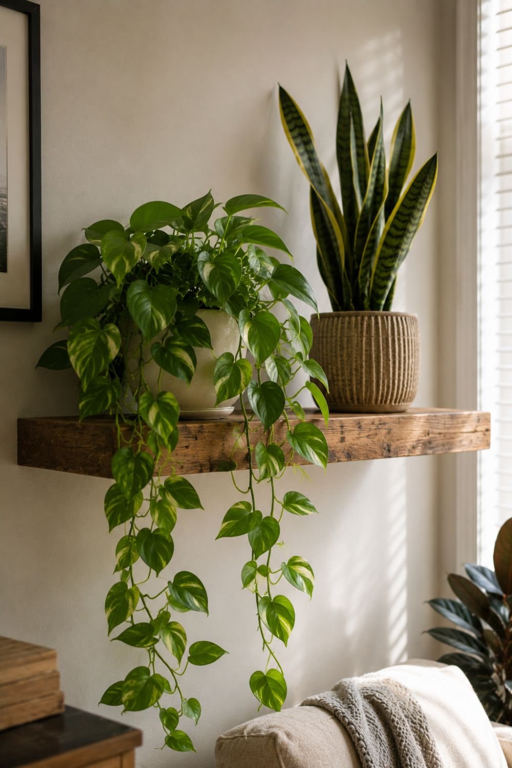 Trailing indoor plants cascading from modern floating shelves