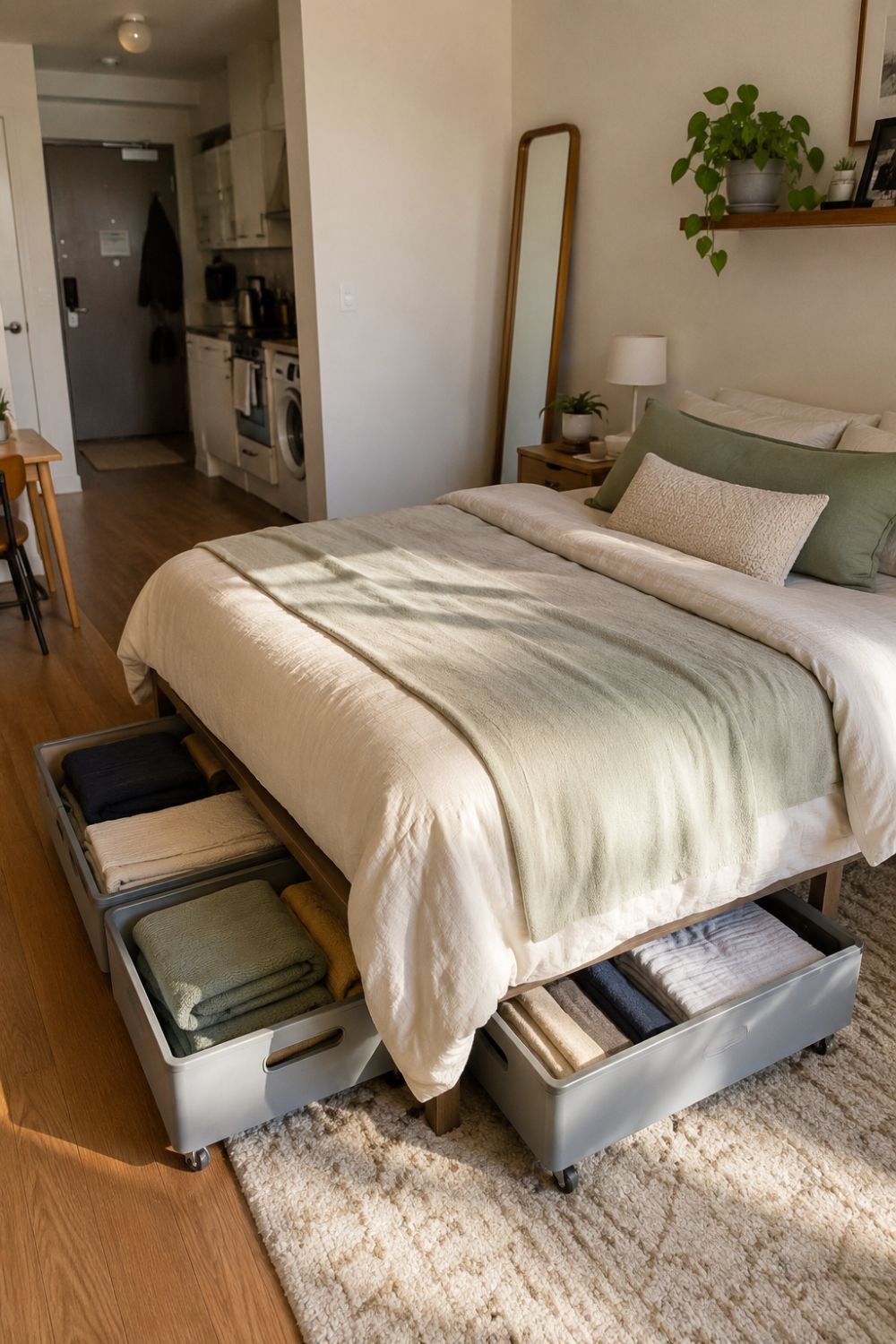 Under-bed storage containers on wheels in studio apartment