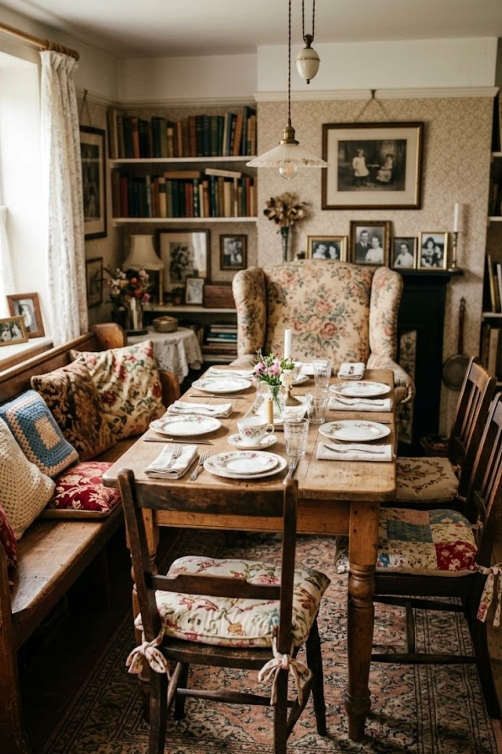Upholstered dining chairs with vintage fabric in grandmacore style