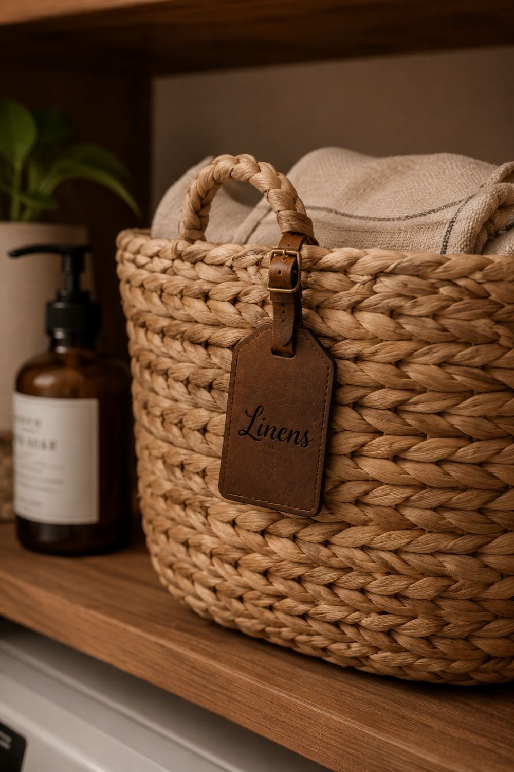 leather tag labeled basket laundry room