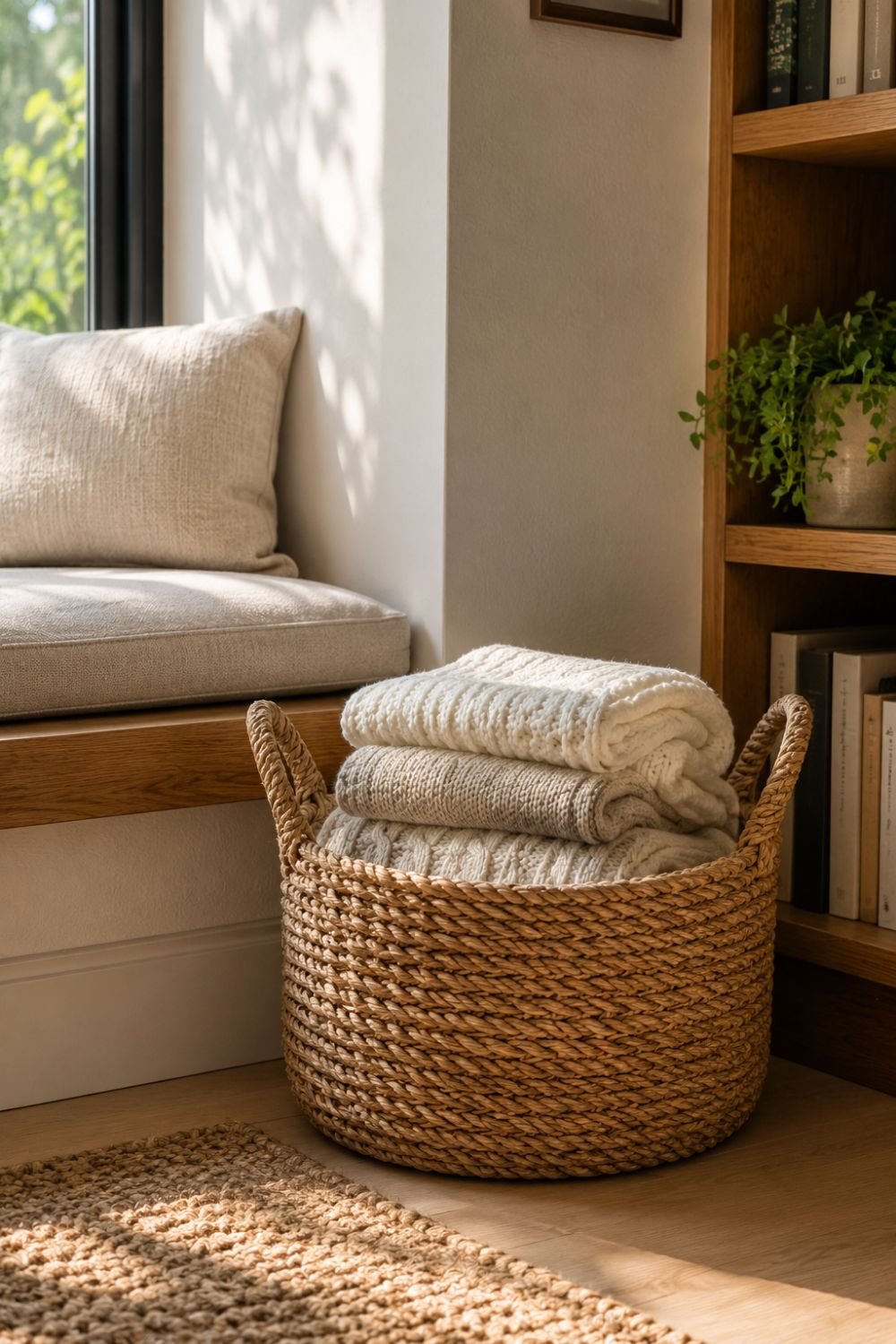 basket reading nook idea for blankets