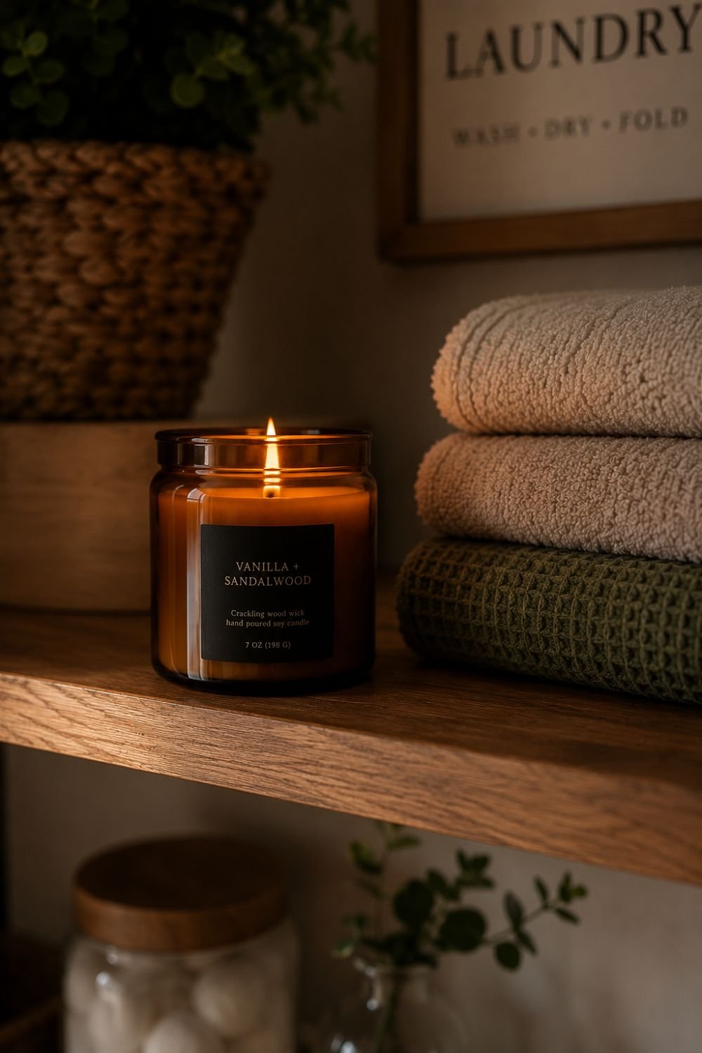 fall scented candle on laundry room shelf
