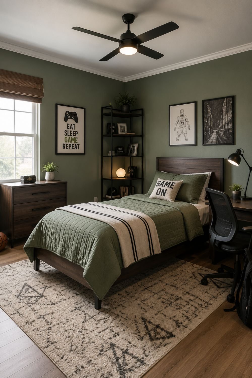 Sage green walls creating calm modern boys bedroom aesthetic
