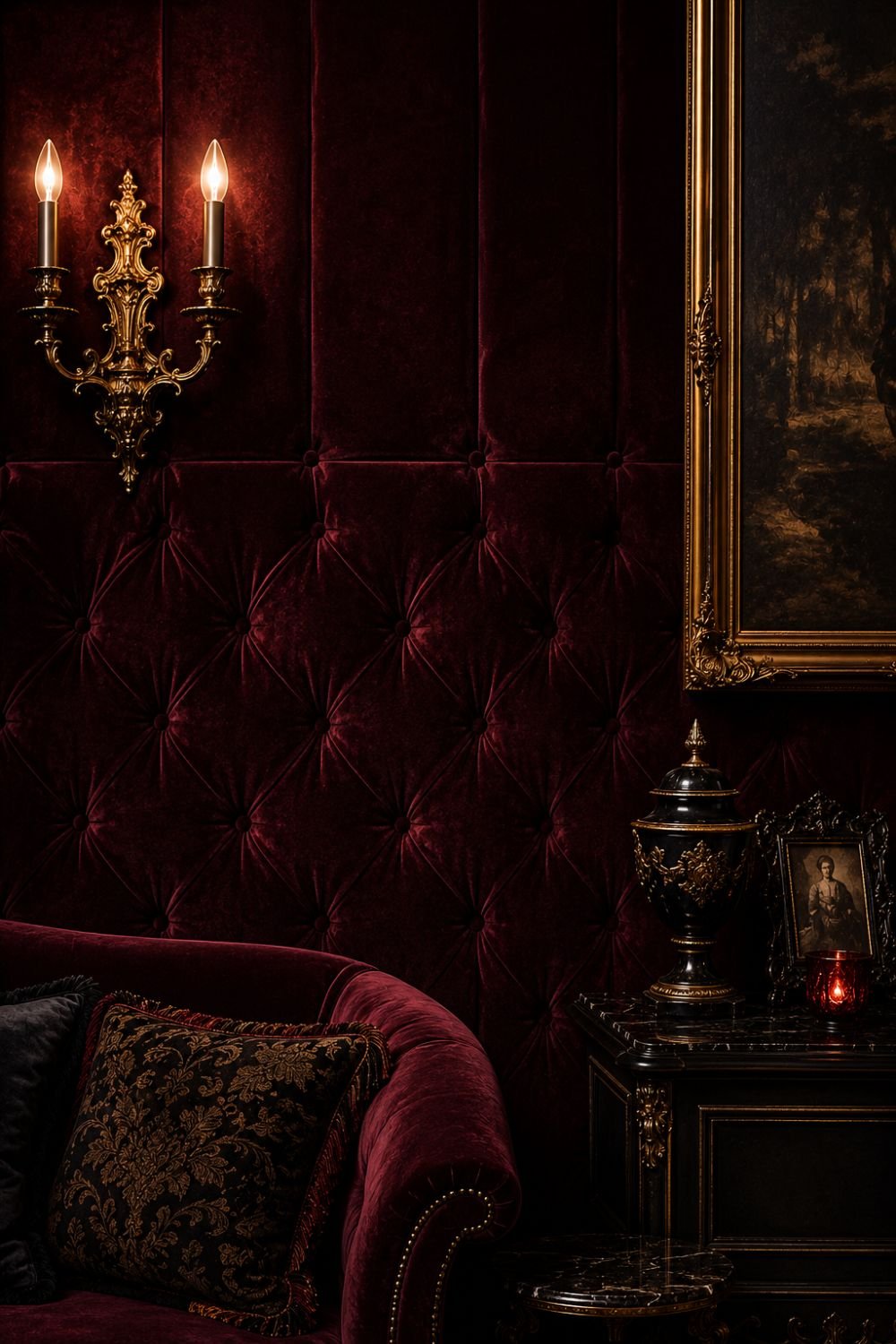 Velvet wall treatment creating luxurious tactile drama