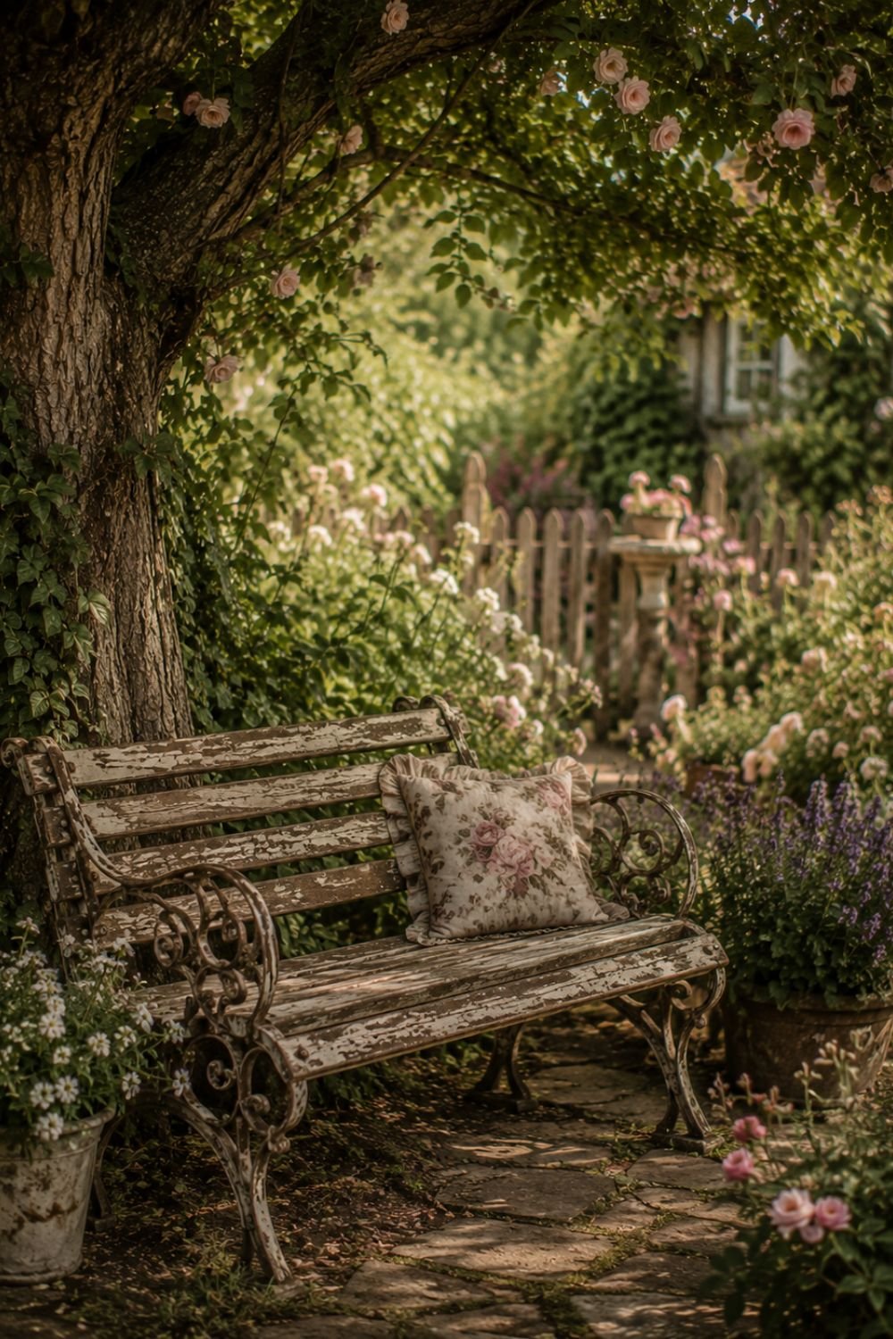 Vintage bench under tree in garden creating restful vintage space