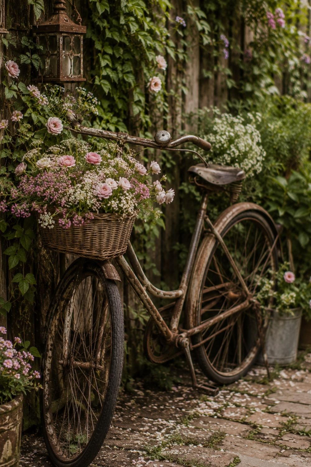Vintage bicycle with flower basket in nostalgic garden