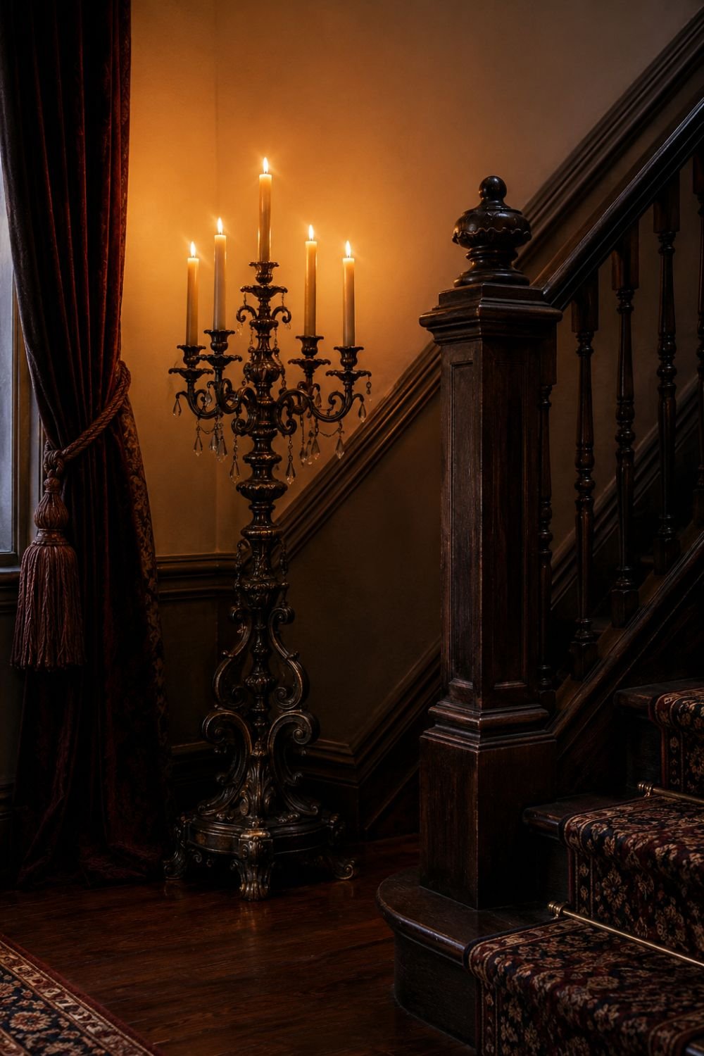 Vintage candelabra with candles on staircase landing