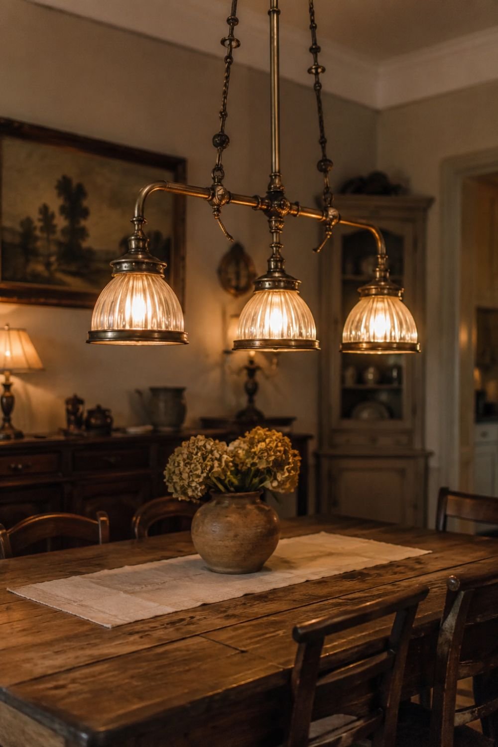 Lighting sets the mood in a grandmacore dining room.