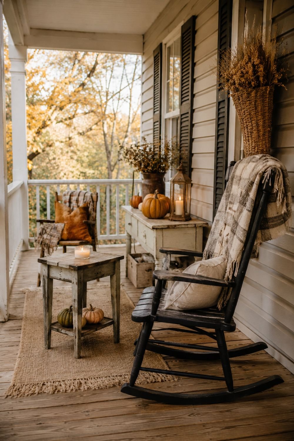 Vintage furniture arrangement with blankets on farmhouse fall porch