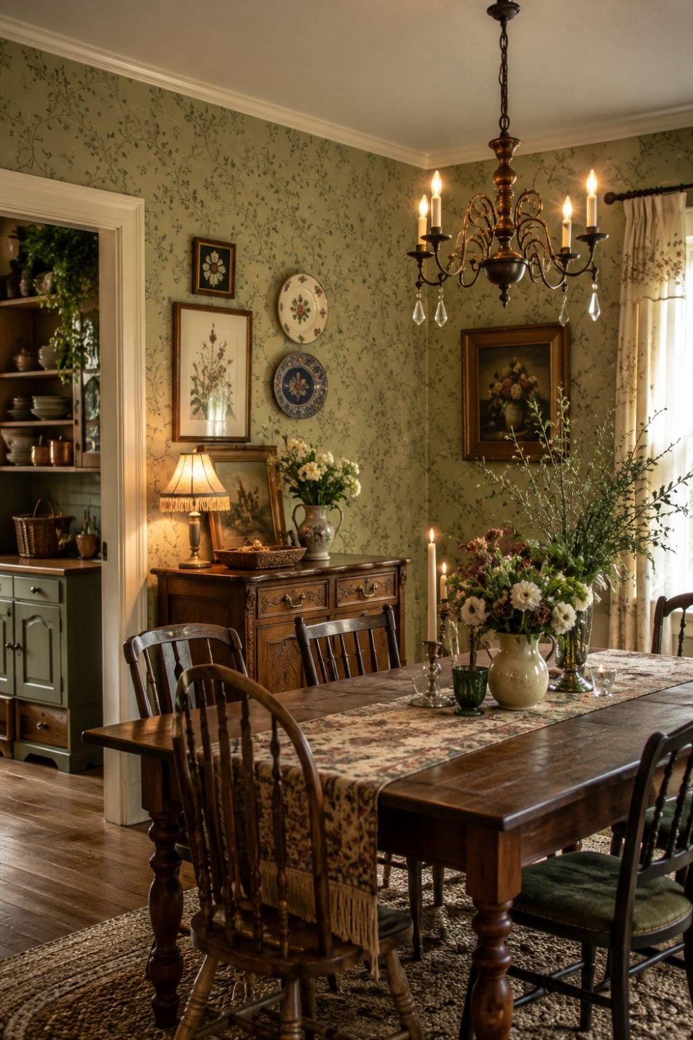 Your dining room walls set the grandmacore tone.