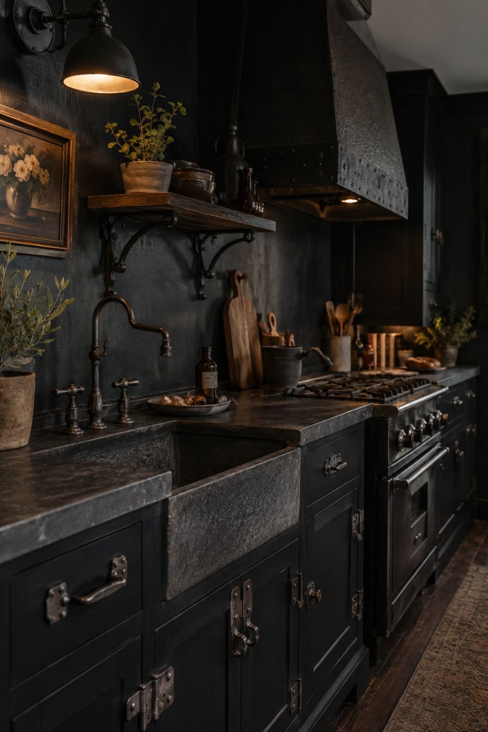 Vintage iron hardware and details in dark cottagecore kitchen