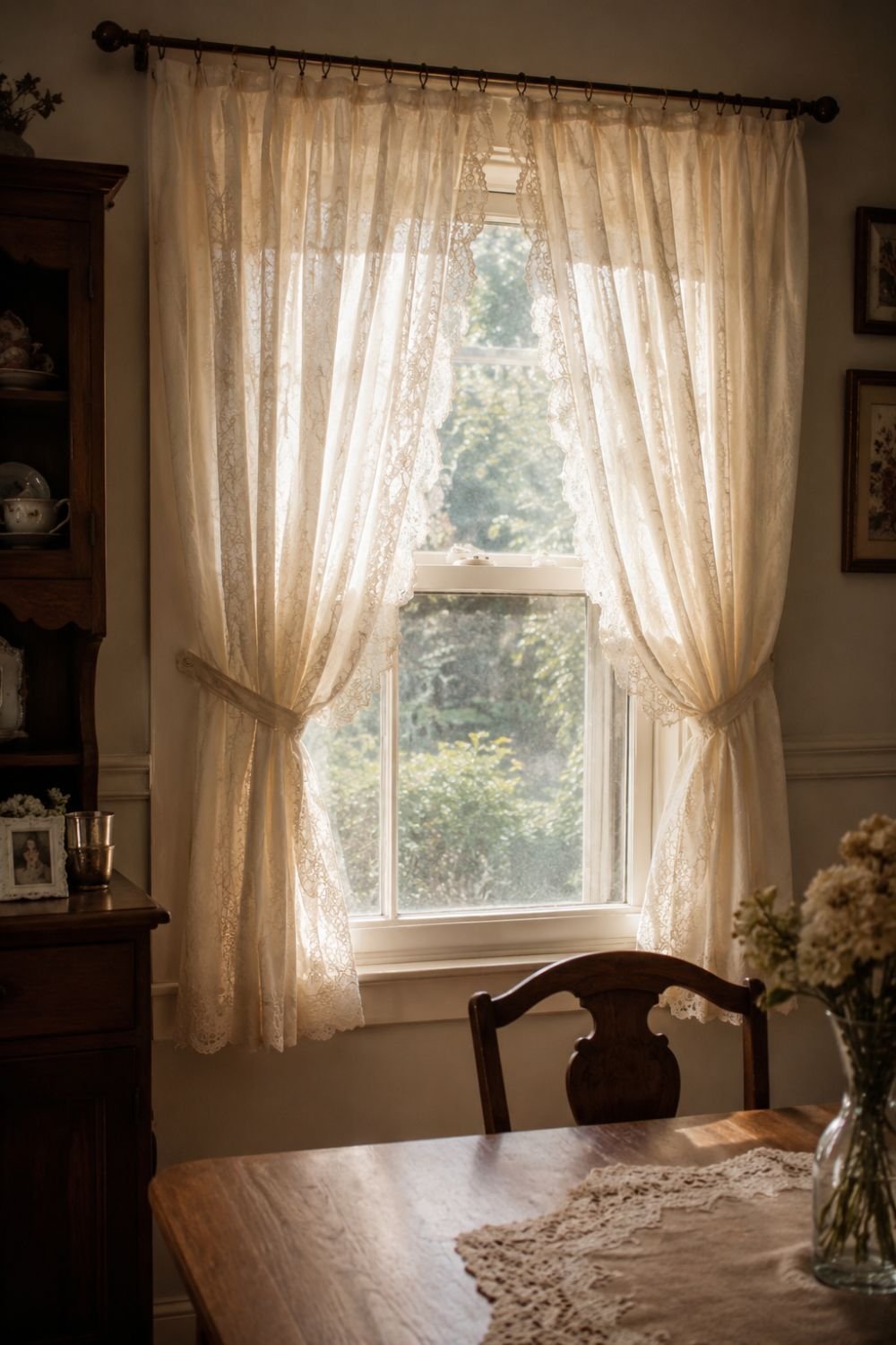 Vintage lace curtains on dining room window filtering soft light