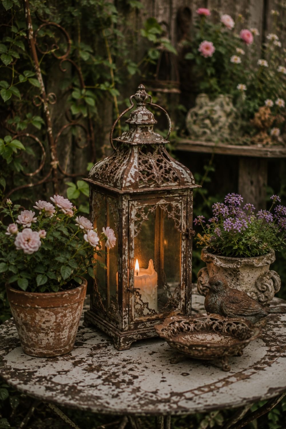 Vintage lantern with glowing candle in nostalgic garden"