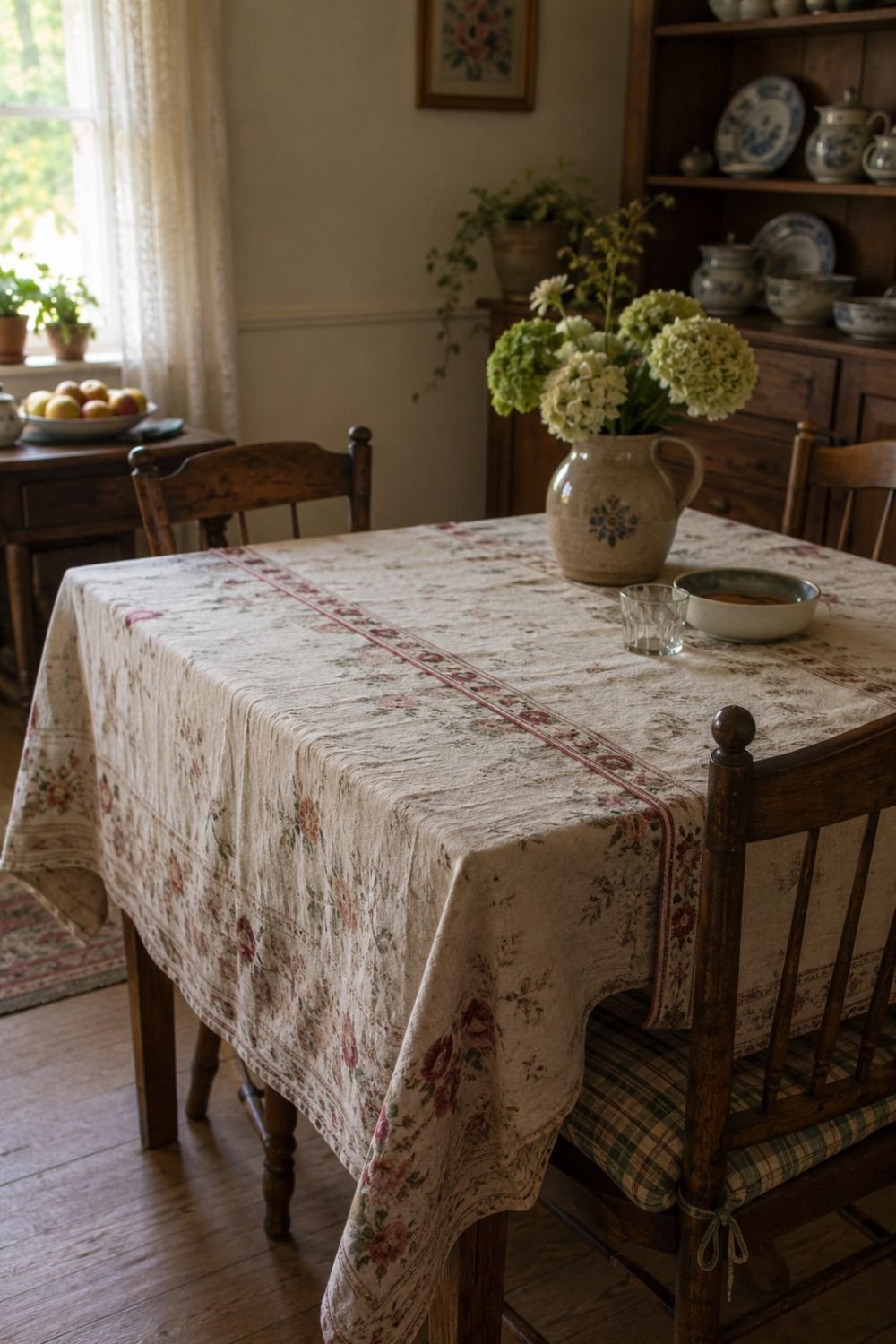 Vintage linen tablecloth and runner on wooden dining table