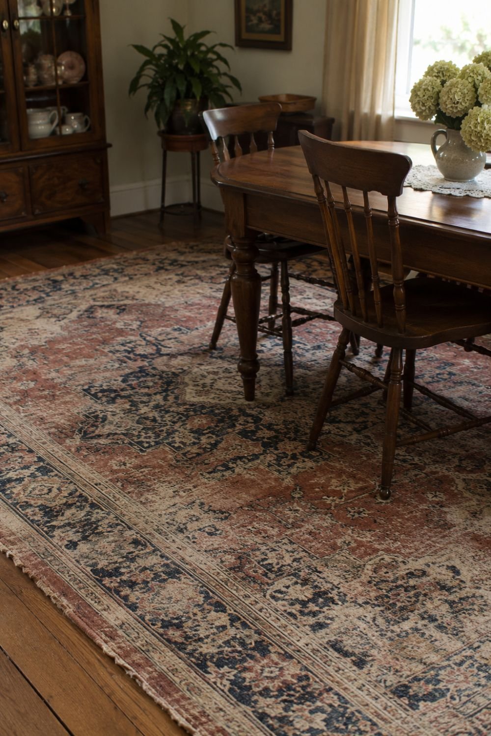 A vintage rug defines your dining area and adds warmth.