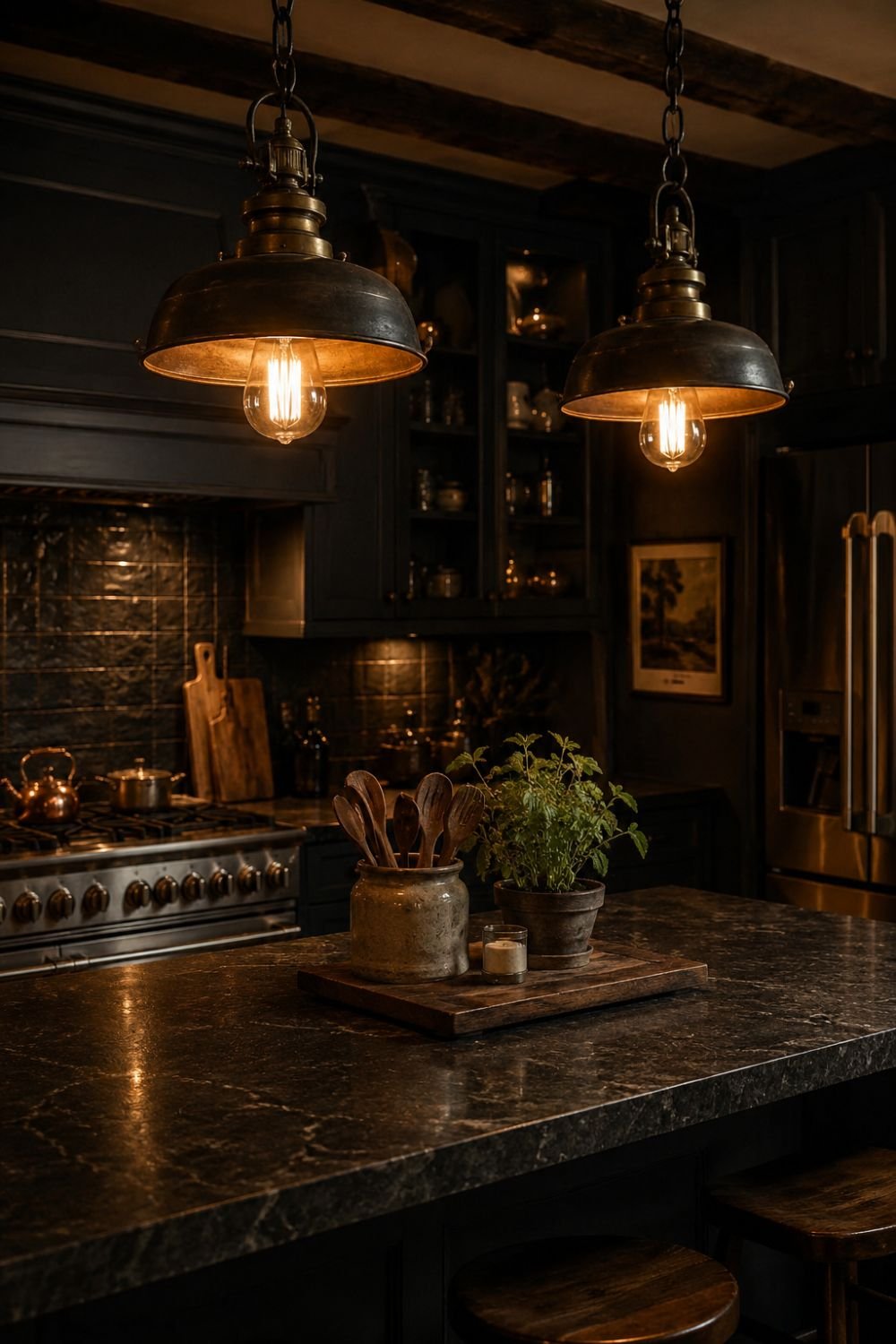 Vintage pendant light fixtures in dark cottagecore kitchen