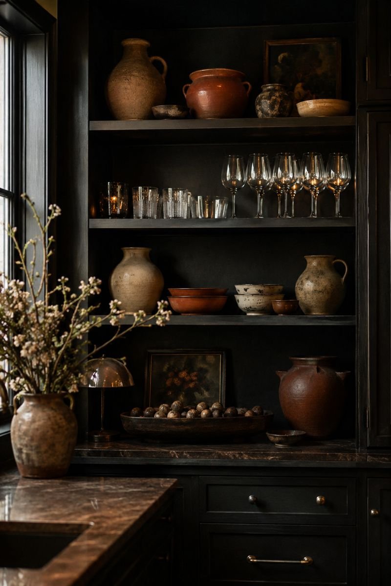 Vintage pottery and glassware displayed on dark kitchen shelves