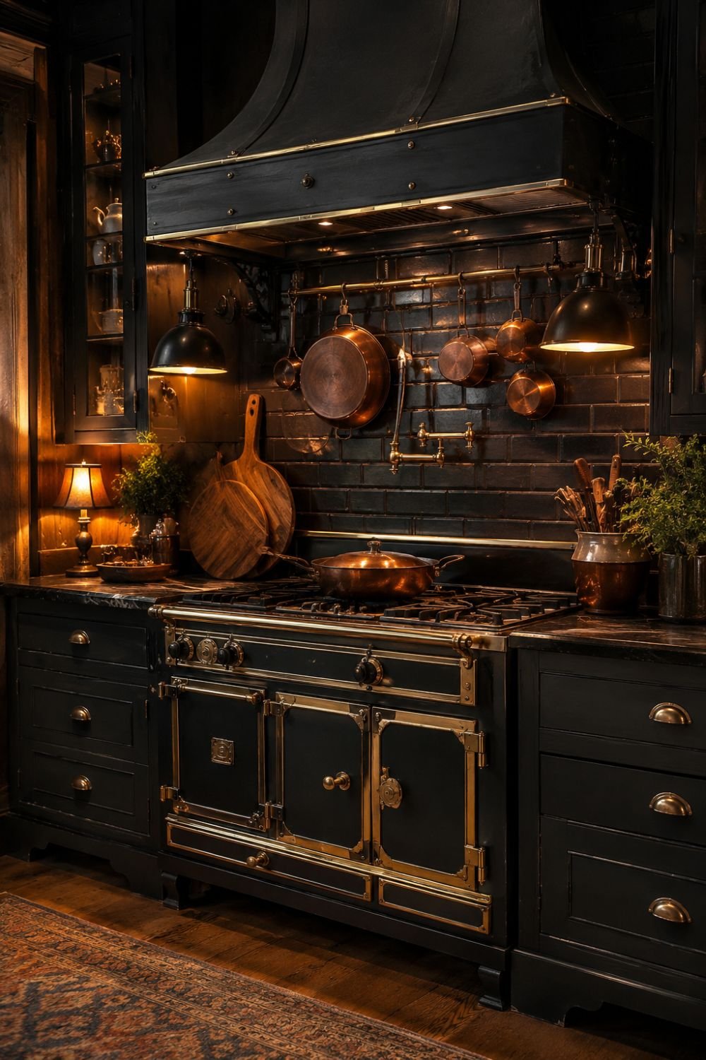 Vintage reproduction stove in dark cottagecore kitchen