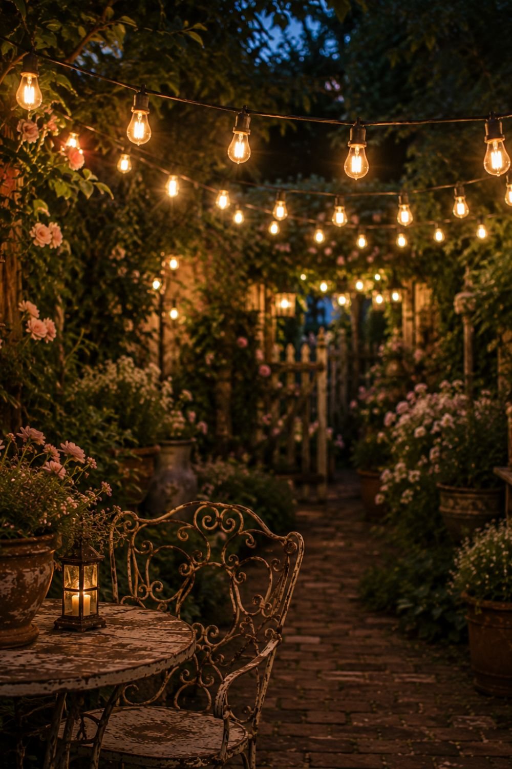 Vintage string lights overhead creating warm lighting in nostalgic garden