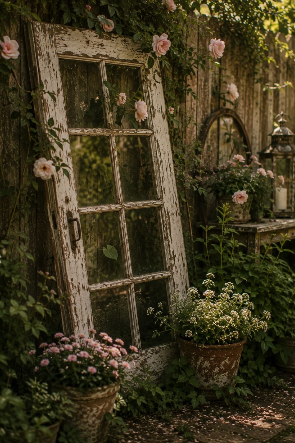 Vintage window frame leaning on fence in nostalgic garden