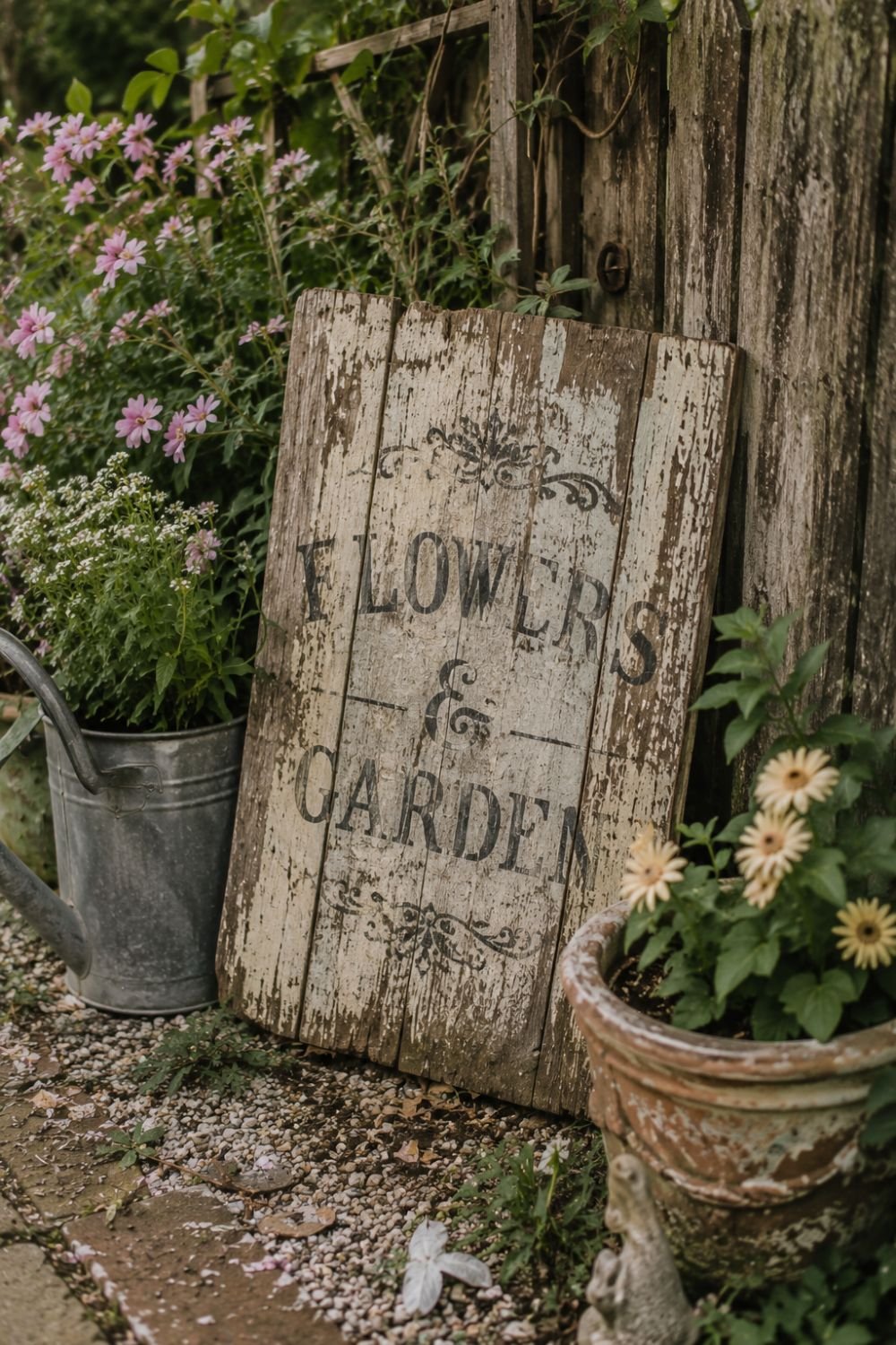 Vintage wooden sign with weathered lettering in nostalgic garden