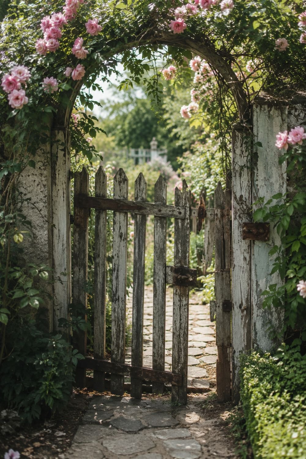 Vintage wrought iron garden gate with patina creating nostalgic entrance