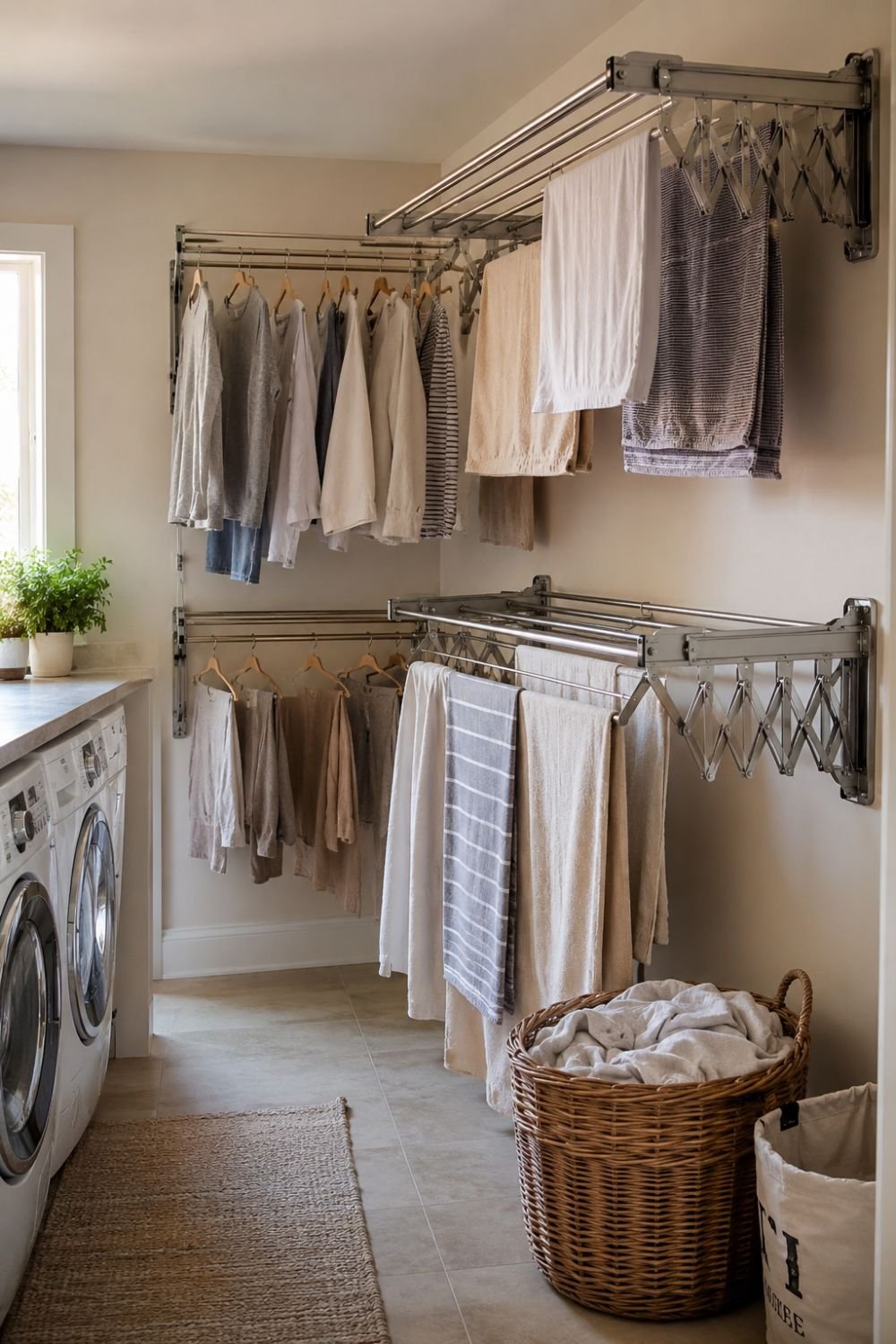 Wall-mounted drying racks organizing air dry space