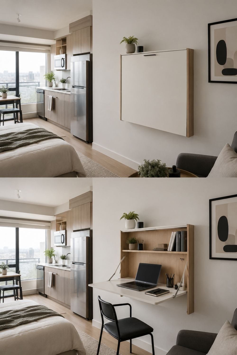 Wall-mounted fold-down desk in studio apartment creating space-saving work area