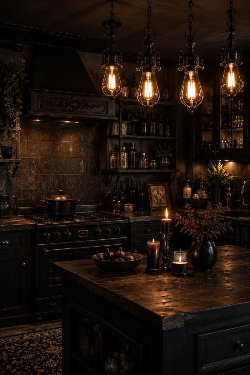 Warm Edison bulb lighting in dark witchy kitchen